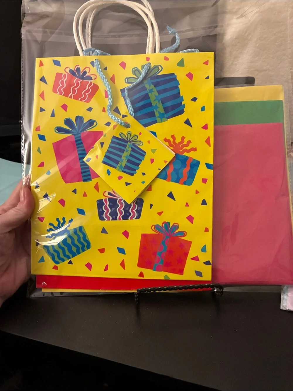 3 Gift Bag Sets-Bright Yellow Gift Bag with Colorful Present and Solid Red Yel